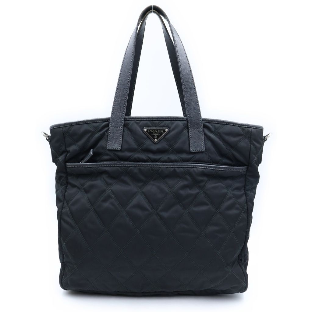 Prada Triangle Logo Quilted Tote Bag Leather Nylon Silver