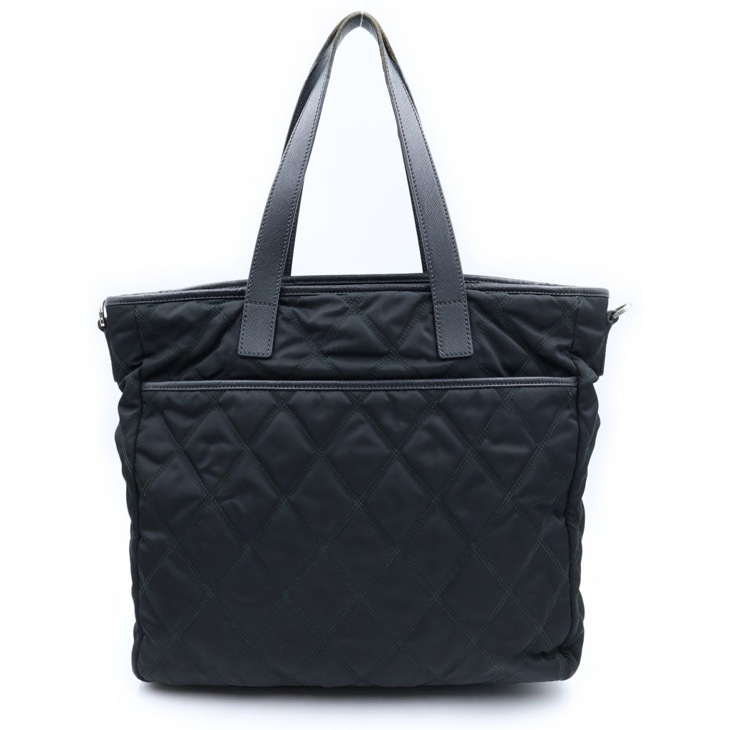 Prada Triangle Logo Quilted Tote Bag Leather Nylon Silver — view 2