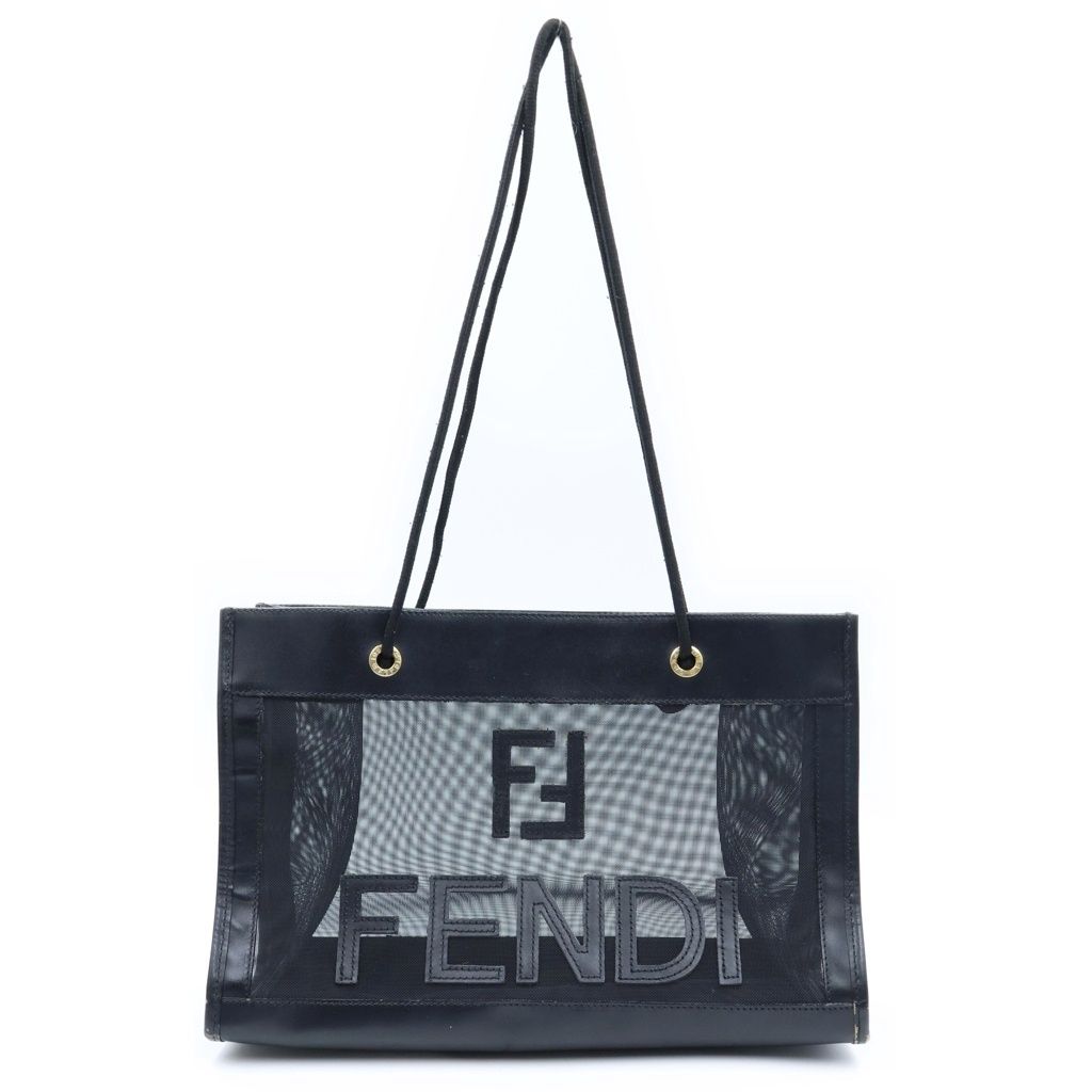 Fendi Logo Mesh Tote Bag Black Leather Gold
