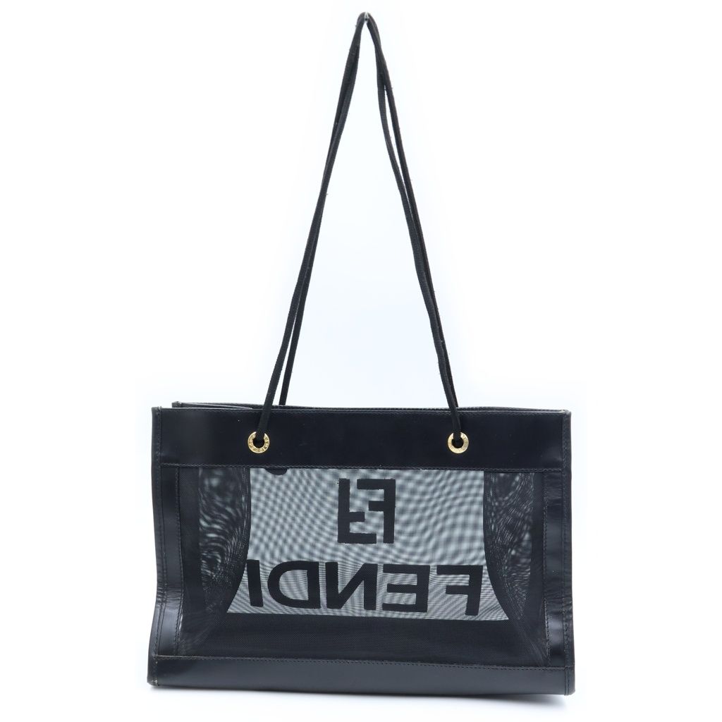 Fendi Logo Mesh Tote Bag Black Leather Gold — view 2