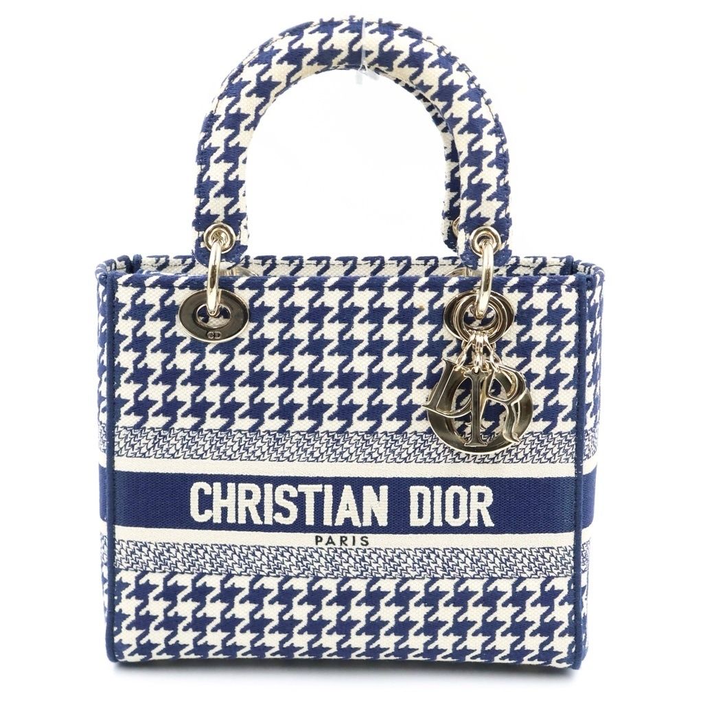 Dior Lady D-lite Light Medium 2-Way Shoulder Bag Navy White Canvas