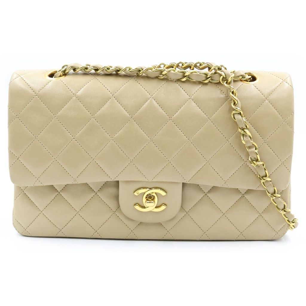 Chanel Quilted 25 Double Flap Chain Shoulder Bag Beige Lambskin Gold