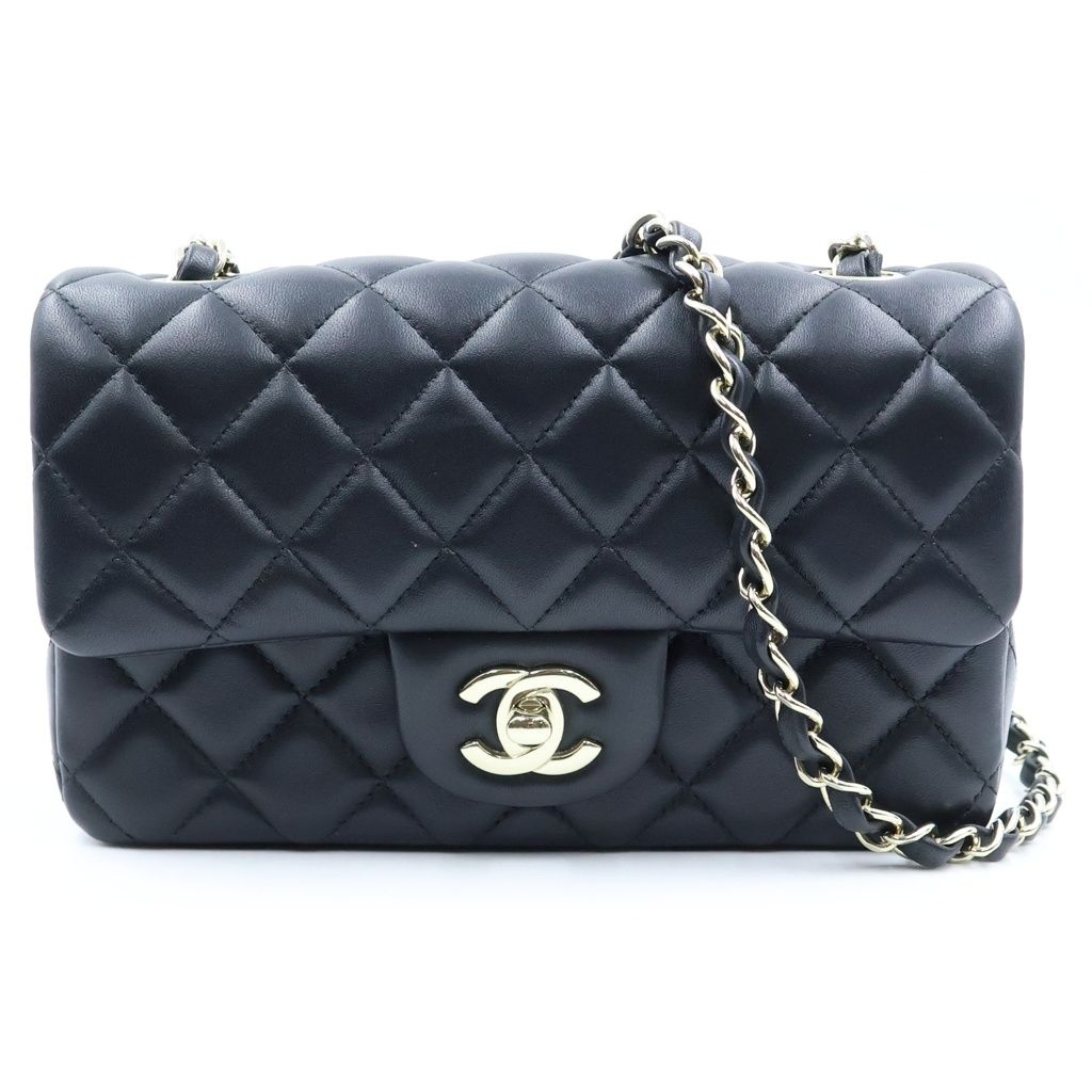 Chanel Mini Quilted 20 Chain Shoulder Bag Single Flap Black Lambskin Gold Plate