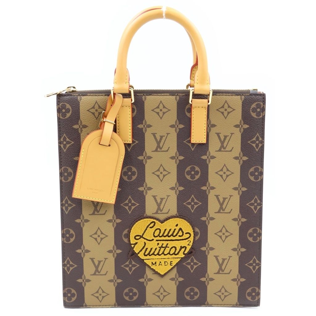 Louis Vuitton NIGO Sac Plat Monogram Stripe Tote Bag Brown Leather Gold