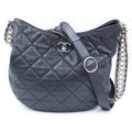 Chanel Quilted CC Logo Hobo Chain Shoulder Bag Black Lambskin Silver