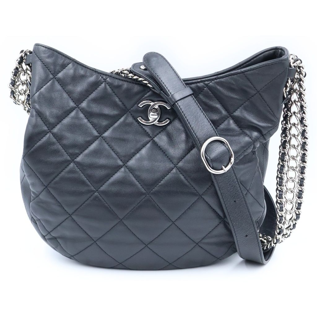 Chanel Quilted CC Logo Hobo Chain Shoulder Bag Black Lambskin Silver