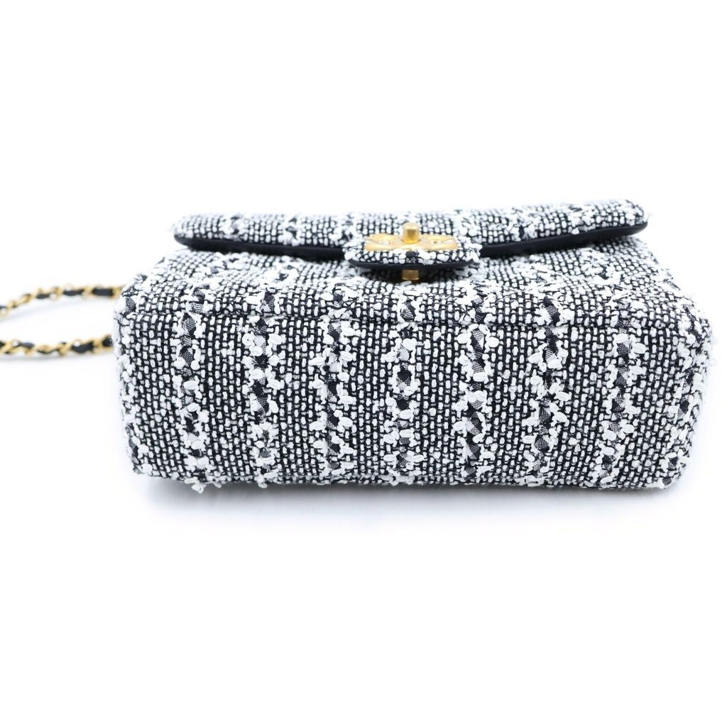 Chanel Quilted Tweed Chain Mini Shoulder Bag Pearl Handle Black White Gold — view 4