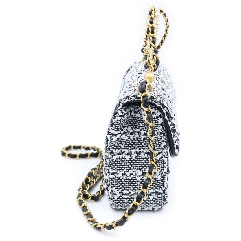 Chanel Quilted Tweed Chain Mini Shoulder Bag Pearl Handle Black White Gold — view 3