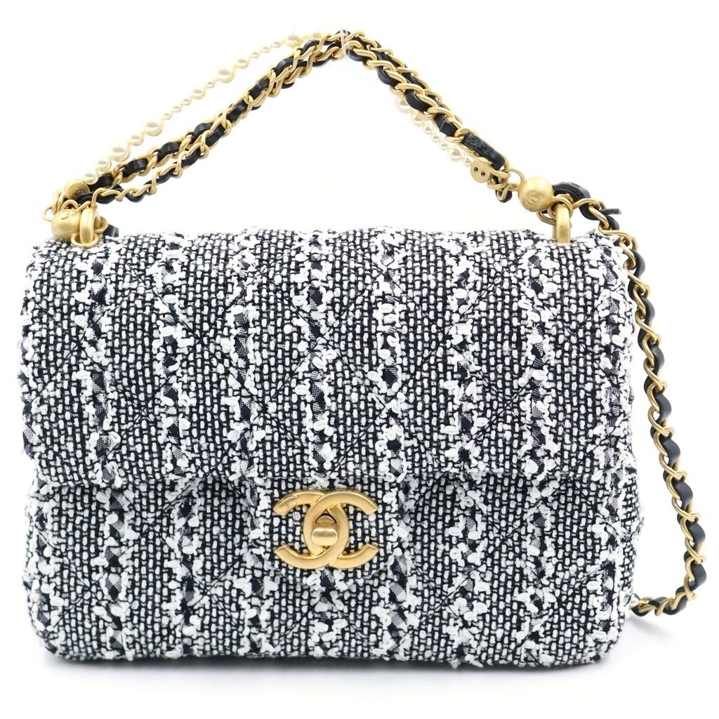 Chanel Quilted Tweed Chain Mini Shoulder Bag Pearl Handle Black White Gold