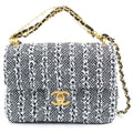 Chanel Quilted Tweed Chain Mini Shoulder Bag Pearl Handle Black White Gold