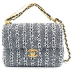 Chanel Quilted Tweed Chain Mini Shoulder Bag Pearl Handle Black White Gold