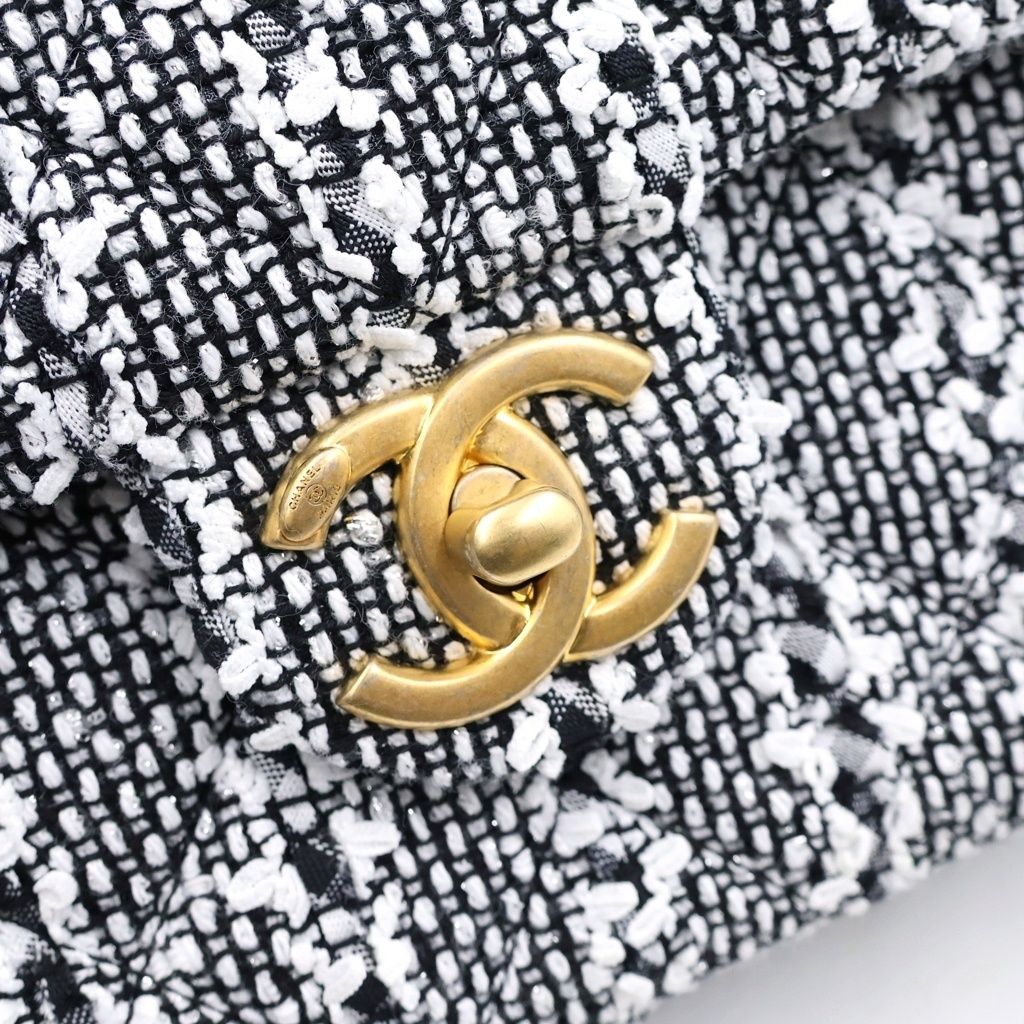 Chanel Quilted Tweed Chain Mini Shoulder Bag Pearl Handle Black White Gold — view 6