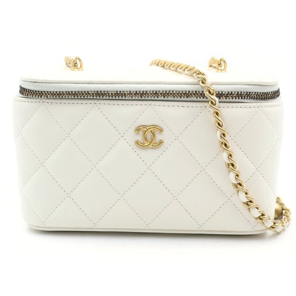Chanel Quilted Vanity Chain Mini Shoulder Bag White Leather Gold