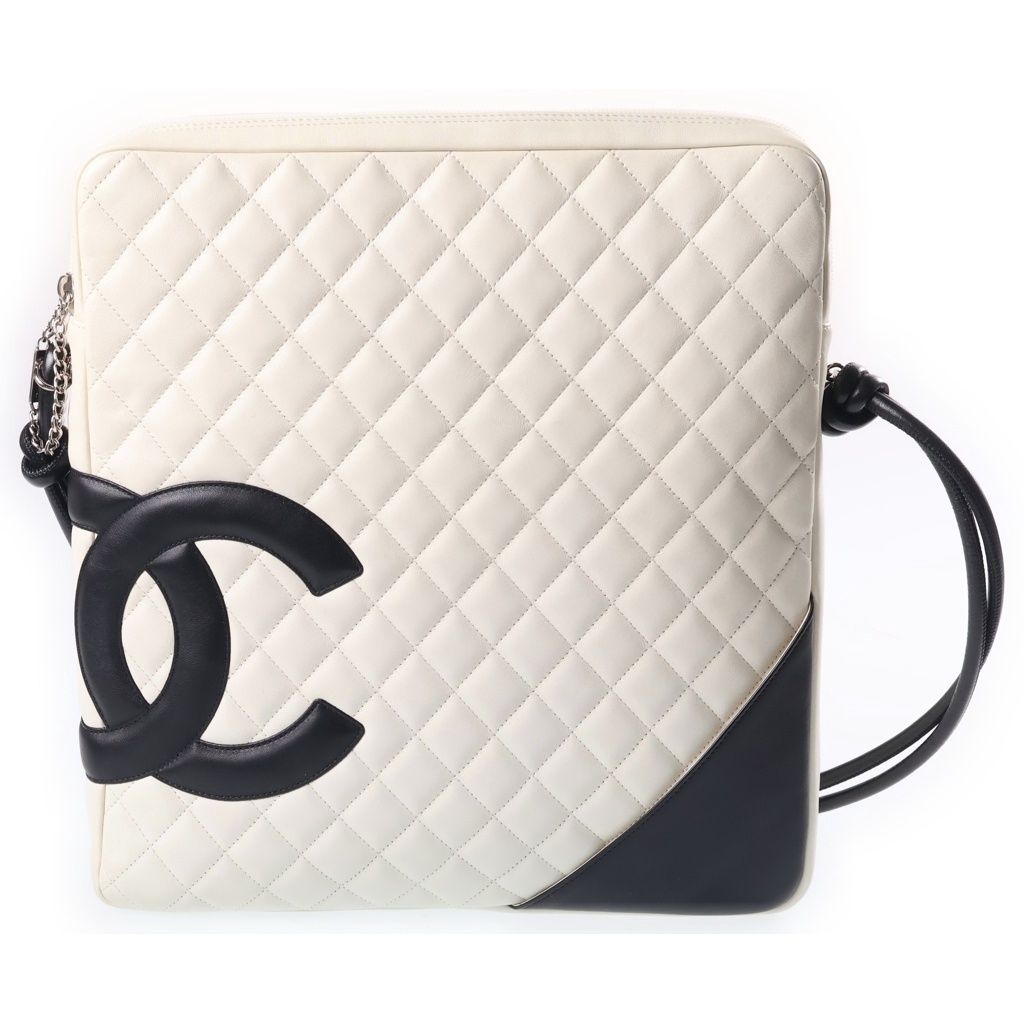 Chanel Cambon Line CC Logo Quilted Shoulder Bag White Black Lambskin Silver