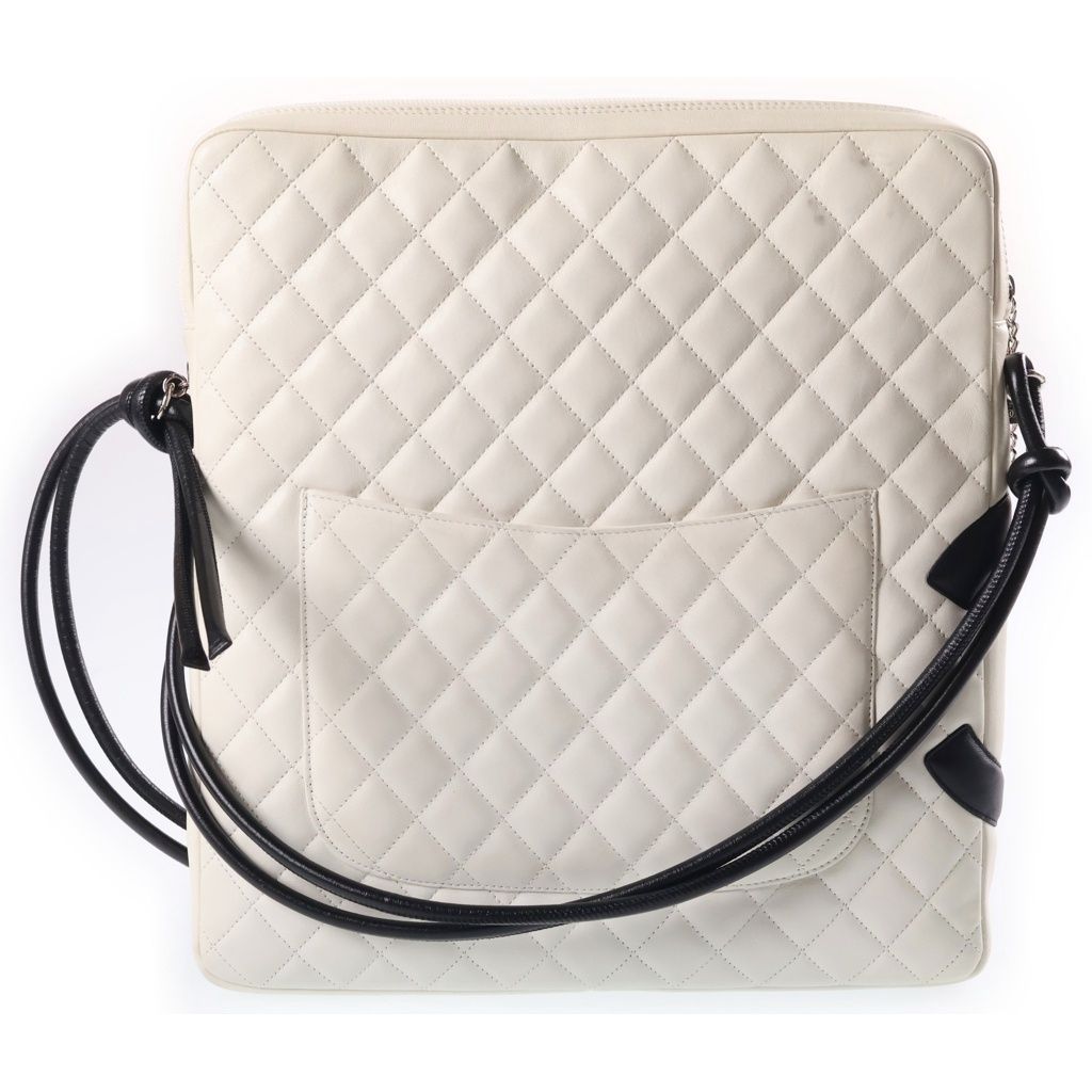 Chanel Cambon Line CC Logo Quilted Shoulder Bag White Black Lambskin Silver — view 2
