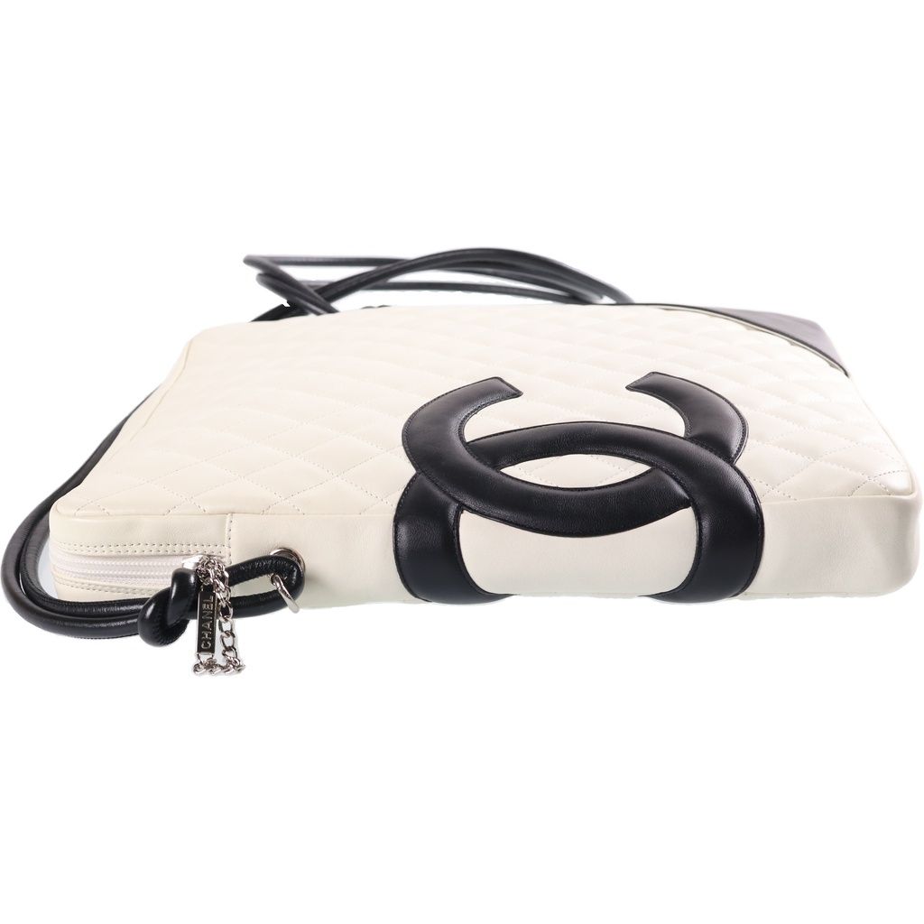 Chanel Cambon Line CC Logo Quilted Shoulder Bag White Black Lambskin Silver — view 3