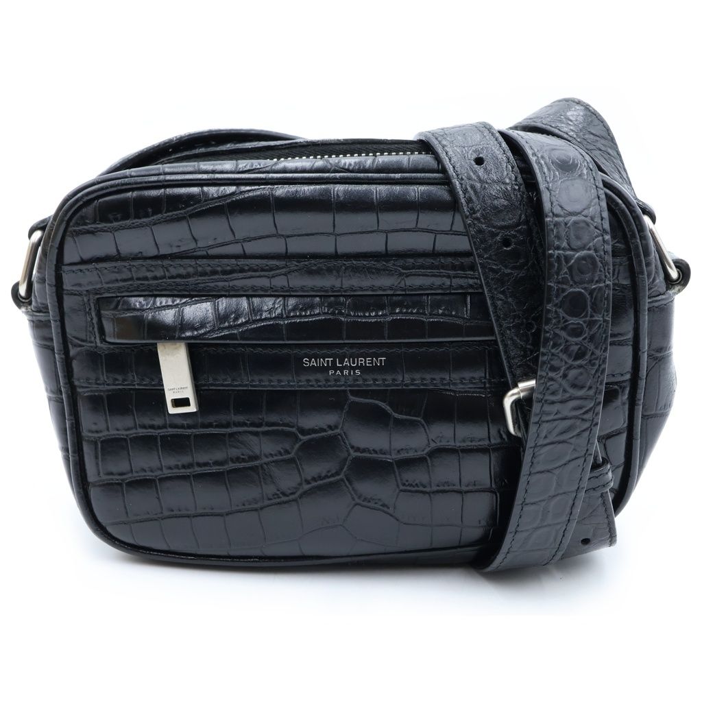 Saint Laurent Paris Camp Small Camera Shoulder Bag Leather Croco Embossed Black