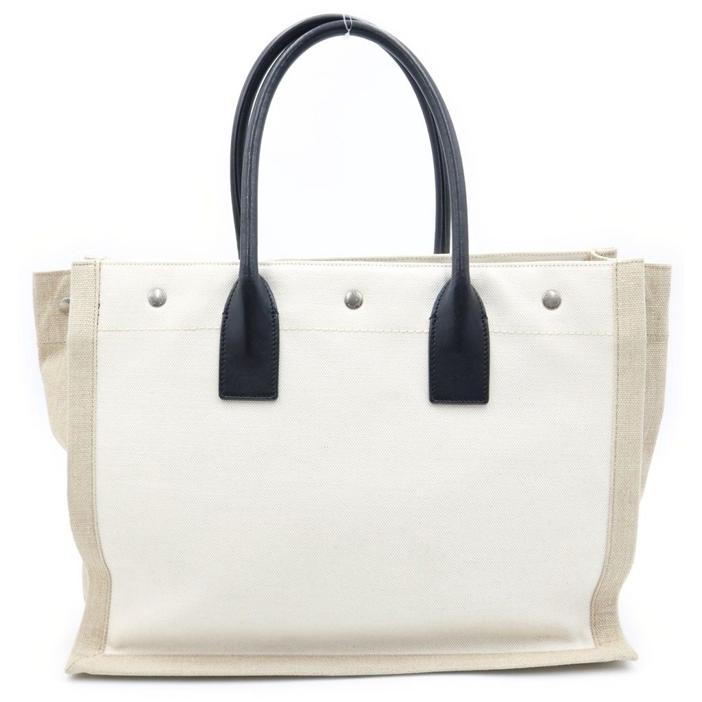 Saint Laurent Paris Rive Gauche Name Design Leather Handle Canvas Tote Bag Beige — view 2