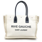 Saint Laurent Paris Rive Gauche Name Design Leather Handle Canvas Tote Bag Beige