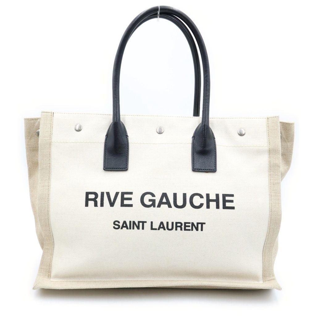 Saint Laurent Paris Rive Gauche Name Design Leather Handle Canvas Tote Bag Beige