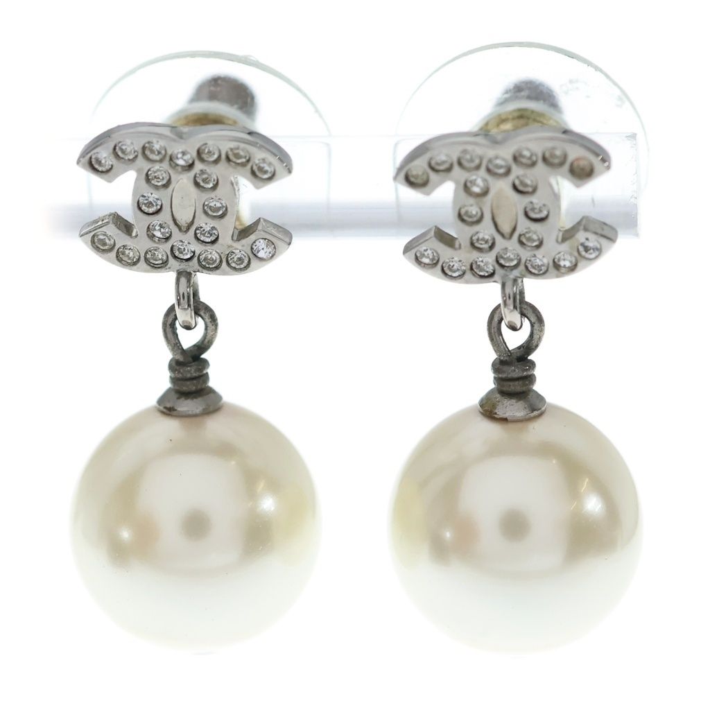 Chanel CC Logo Rhinestone Pearl Earrings White Silver