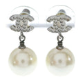 Chanel CC Logo Rhinestone Pearl Earrings White Silver
