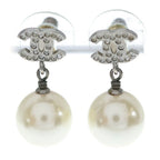 Chanel CC Logo Rhinestone Pearl Earrings White Silver