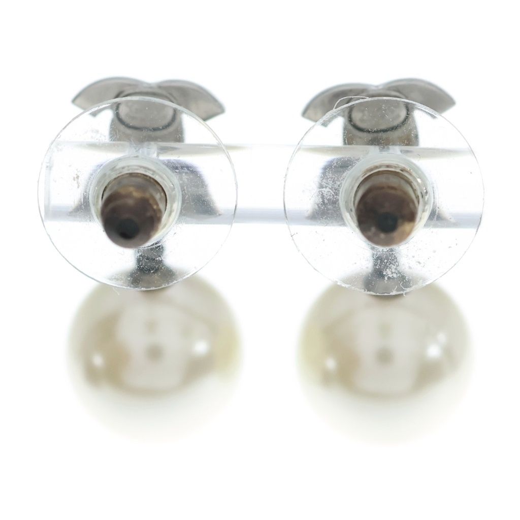 Chanel CC Logo Rhinestone Pearl Earrings White Silver — view 2