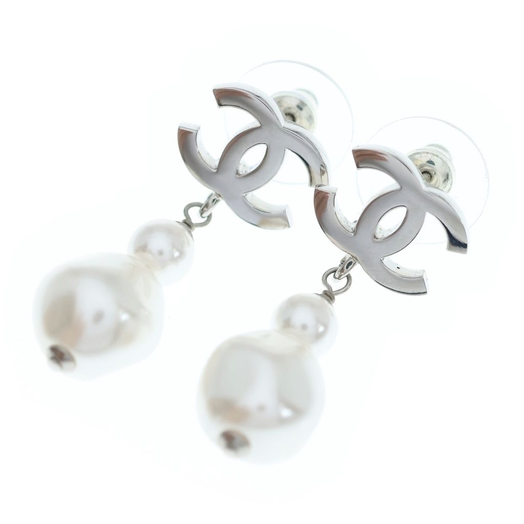 Chanel CC Logo Pearl Earrings Silver White