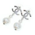 Chanel CC Logo Pearl Earrings Silver White