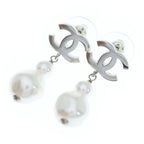 Chanel CC Logo Pearl Earrings Silver White