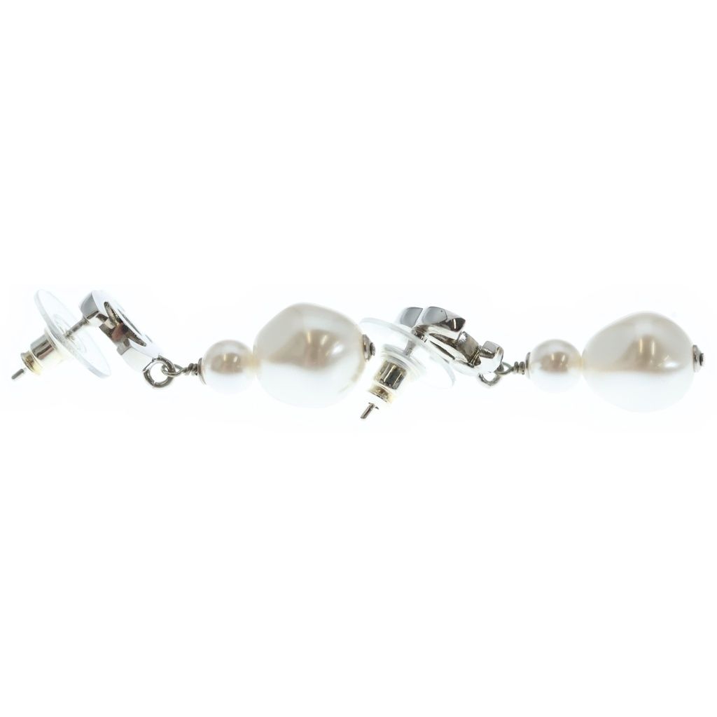 Chanel CC Logo Pearl Earrings Silver White — view 4
