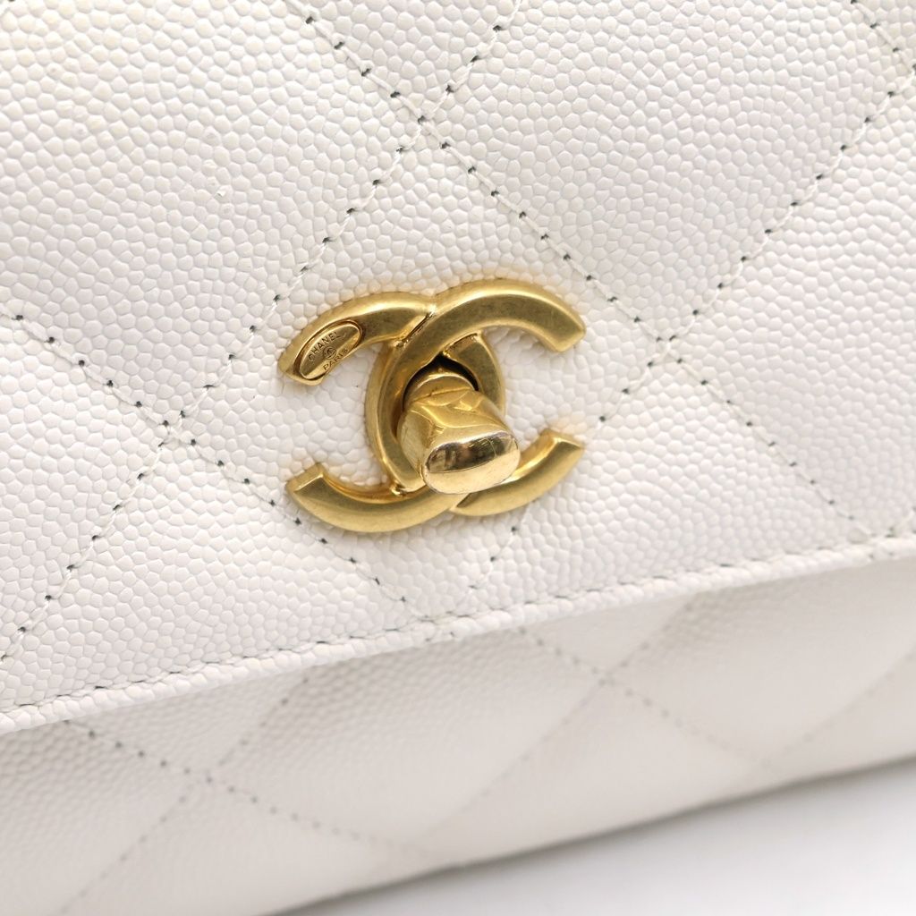 Chanel Quilted 2-Way Chain Shoulder Bag Caviar Leather White Gold — view 6