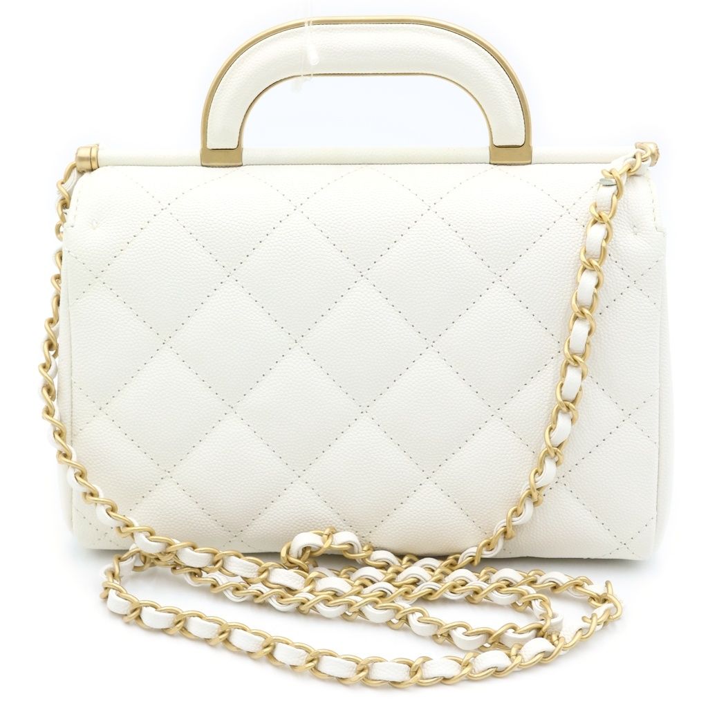 Chanel Quilted 2-Way Chain Shoulder Bag Caviar Leather White Gold — view 2