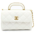 Chanel Quilted 2-Way Chain Shoulder Bag Caviar Leather White Gold