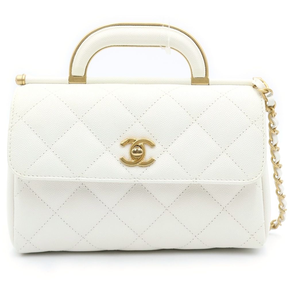 Chanel Quilted 2-Way Chain Shoulder Bag Caviar Leather White Gold
