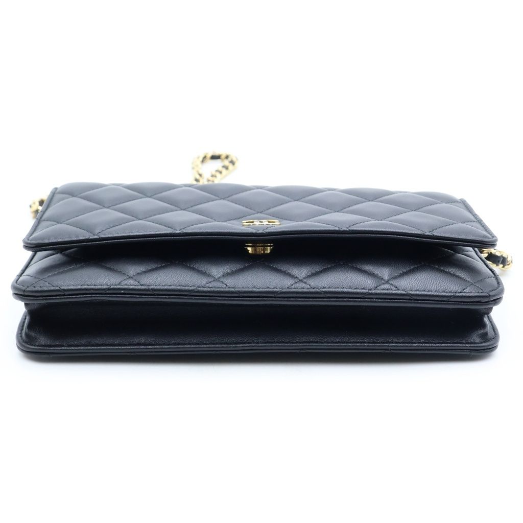 Chanel Quilted Lambskin Leather Chain Wallet Shoulder Bag Gold Black Plate — view 4