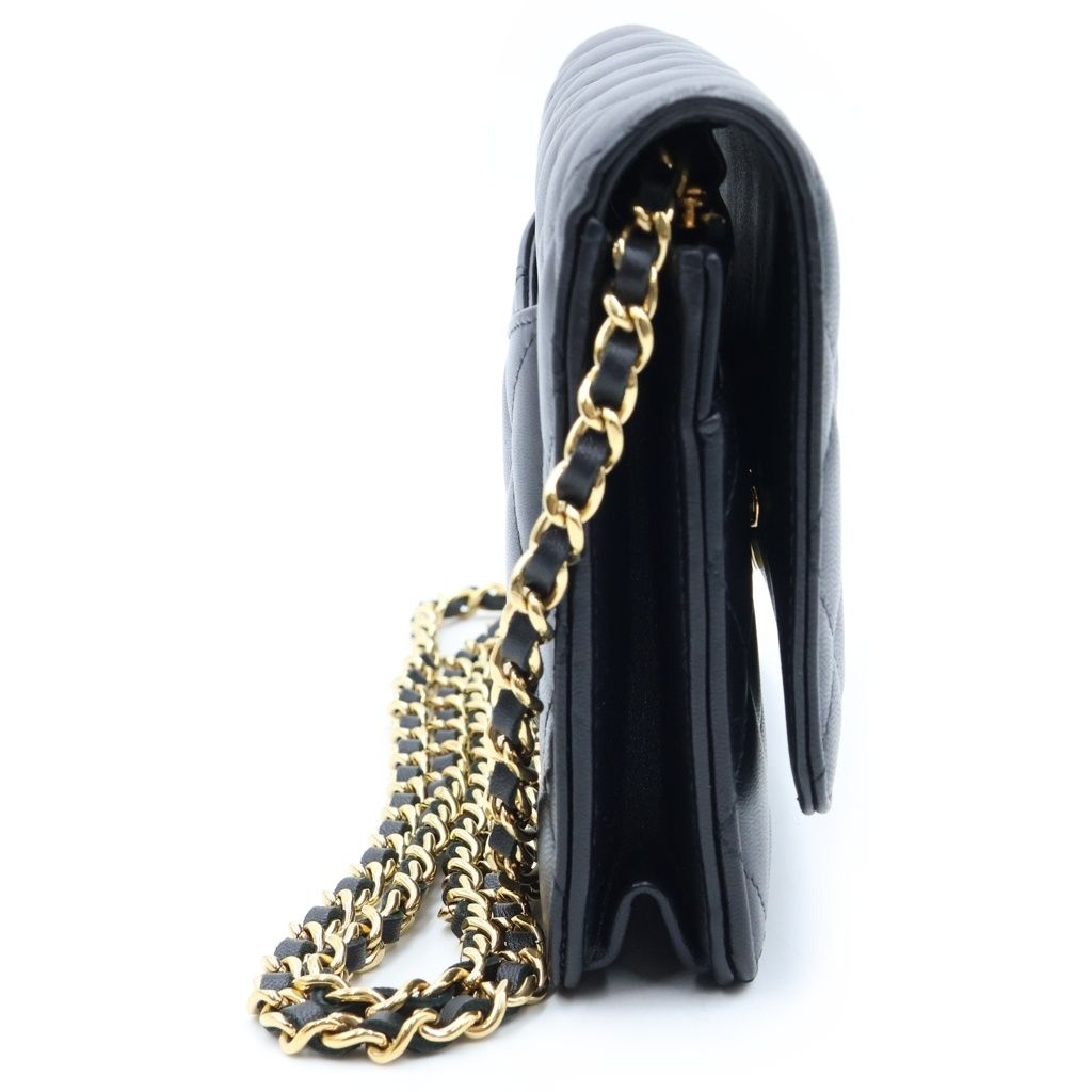 Chanel Quilted Lambskin Leather Chain Wallet Shoulder Bag Gold Black Plate — view 3
