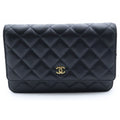 Chanel Quilted Lambskin Leather Chain Wallet Shoulder Bag Gold Black Plate