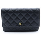Chanel Quilted Lambskin Leather Chain Wallet Shoulder Bag Gold Black Plate