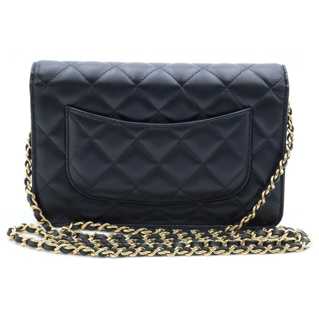 Chanel Quilted Lambskin Leather Chain Wallet Shoulder Bag Gold Black Plate — view 2