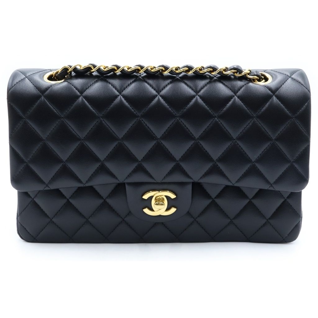 Chanel Quilted 25 Double Flap Chain Shoulder Bag Lambskin Gold Black Plate