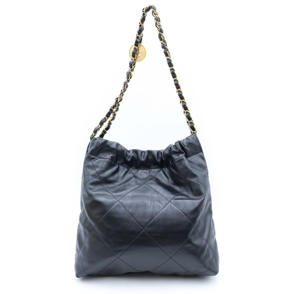 Chanel 22 Small Chain Shoulder Bag Tote Black Shiny Calfskin Gold — view 2