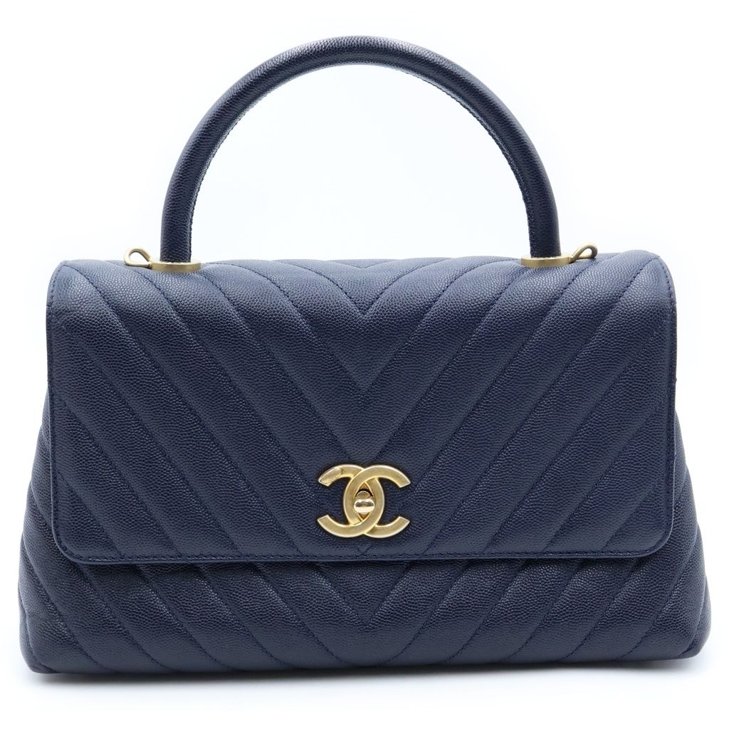 Chanel CC Logo V-stitch Coco Handle S 2-Way Shoulder Bag Navy Caviar Leather