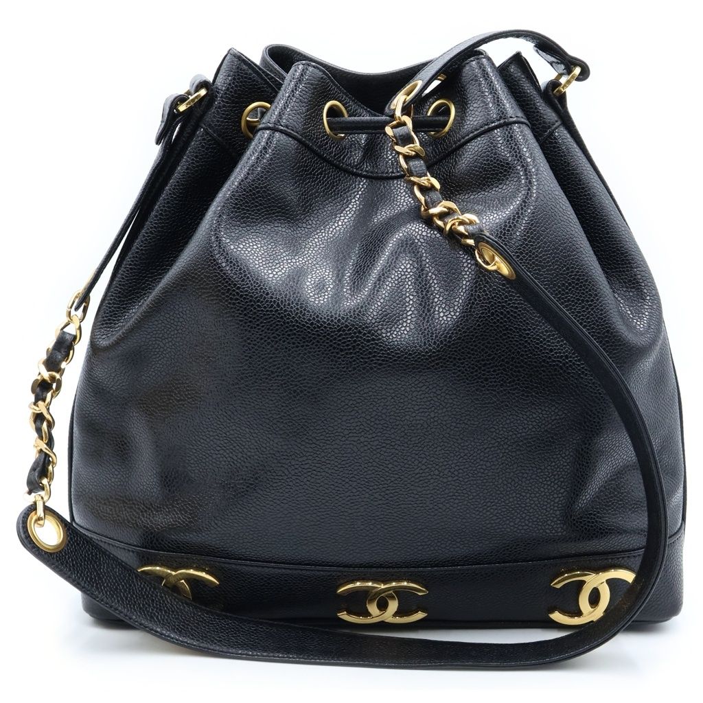 Chanel Triple Coco Chain Shoulder Bag Drawstring Black Caviar Leather Gold — view 2