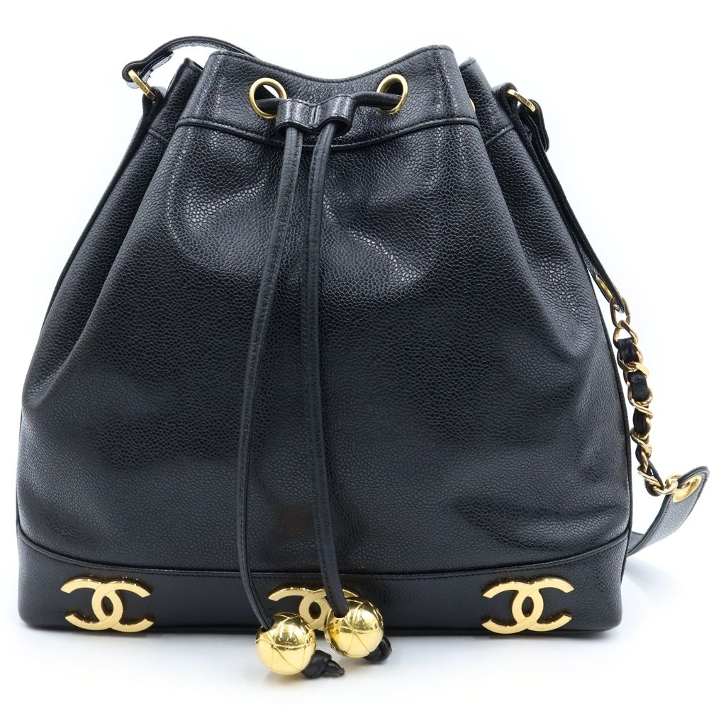 Chanel Triple Coco Chain Shoulder Bag Drawstring Black Caviar Leather Gold