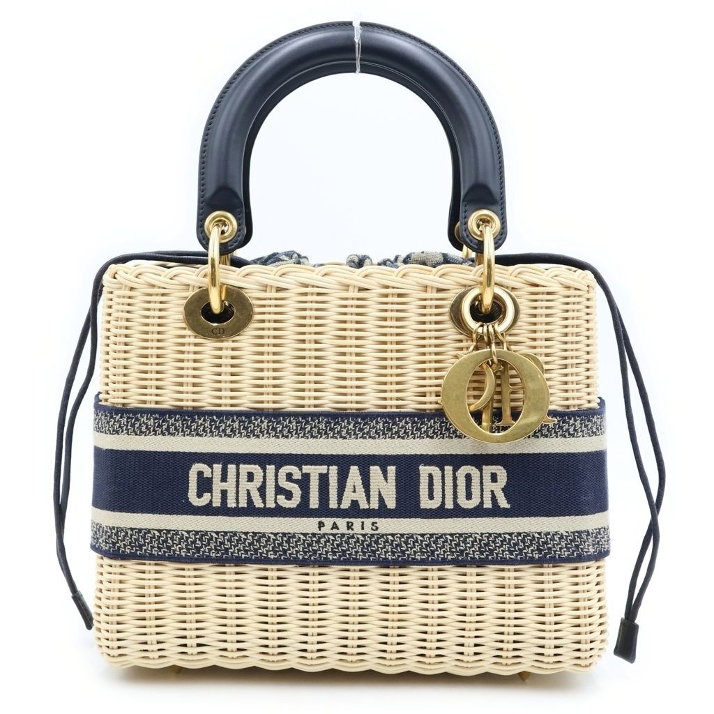 Dior Oblique Lady Medium 2-Way Shoulder Bag Basket Beige Navy Gold