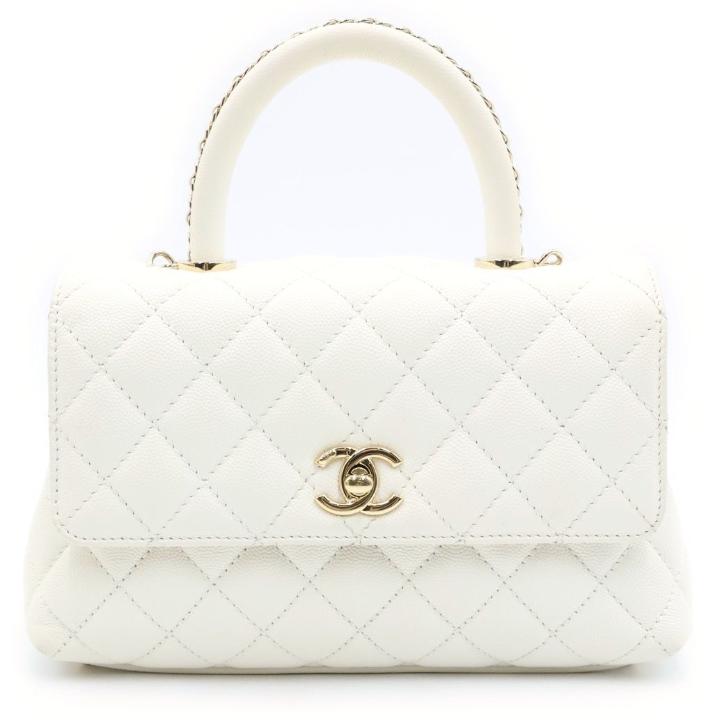 Chanel Coco Handle 2-Way Chain Handle Shoulder Bag White Caviar Leather Gold