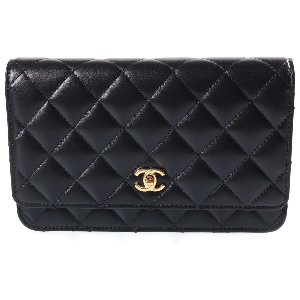 Chanel Quilted Classic Chain Wallet Shoulder Bag Black Lambskin Gold