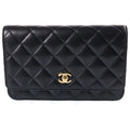 Chanel Quilted Classic Chain Wallet Shoulder Bag Black Lambskin Gold